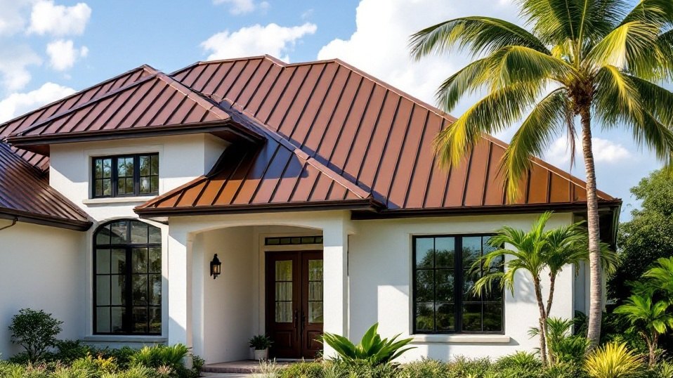 Dark bronze standing seam metal roof on a Jupiter luxury home