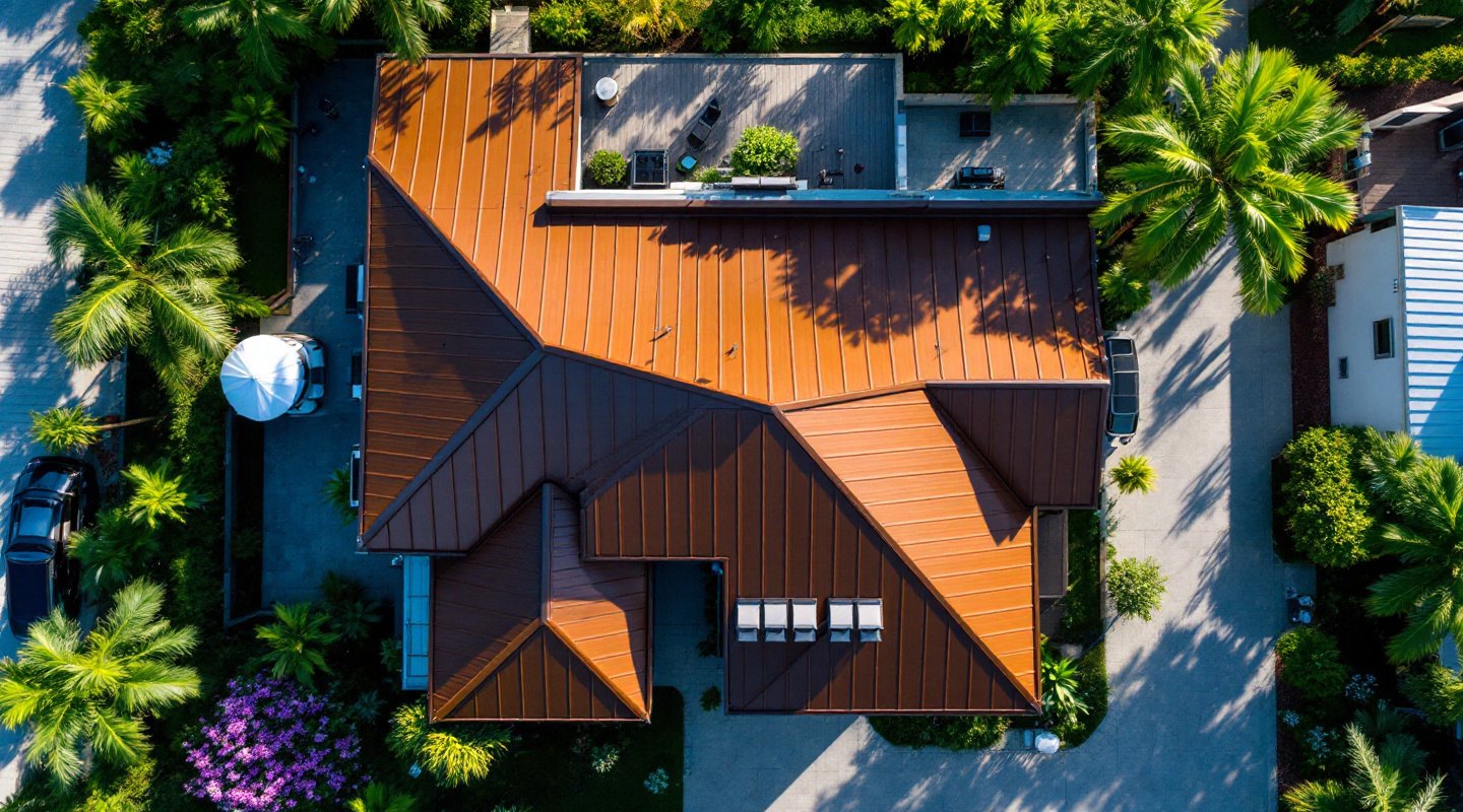 Aerial view of a dark bronze standing seam roof in Palm Beach Gardens