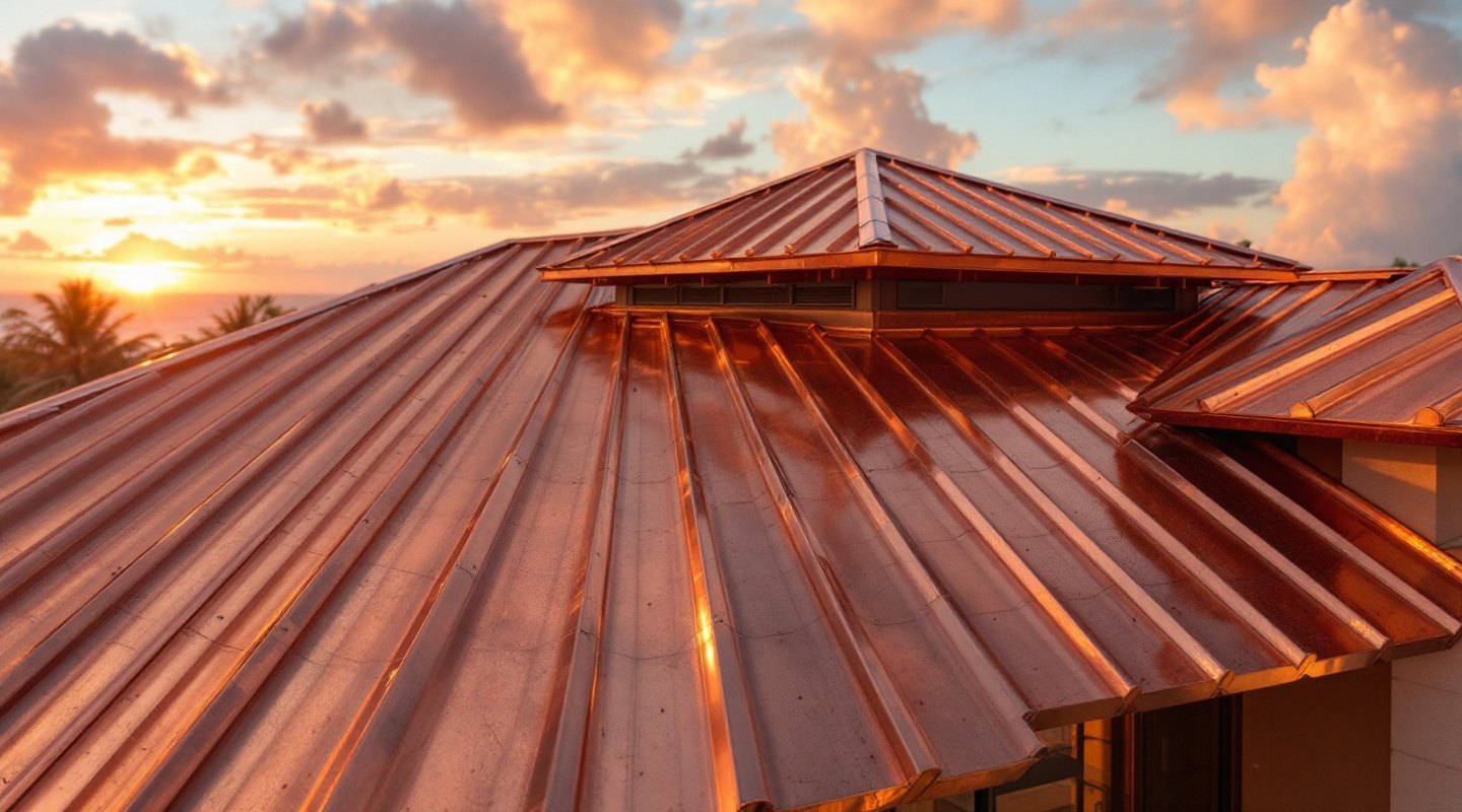 New copper standing seam roof with warm penny finish on a Palm Beach estate