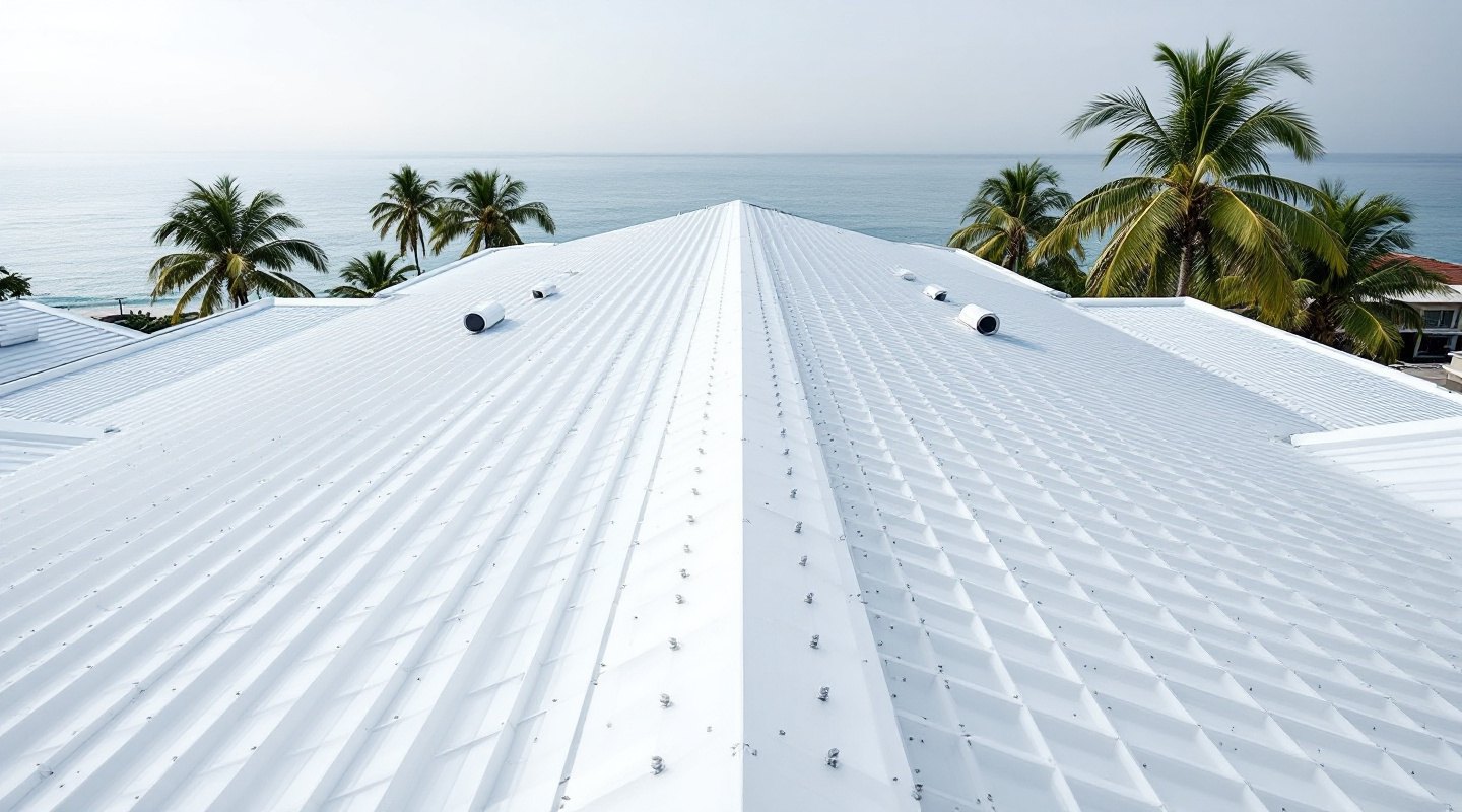 5-V Crimp exposed-fastener metal roof showing the rows of fasteners across the panels, coastal South Florida home