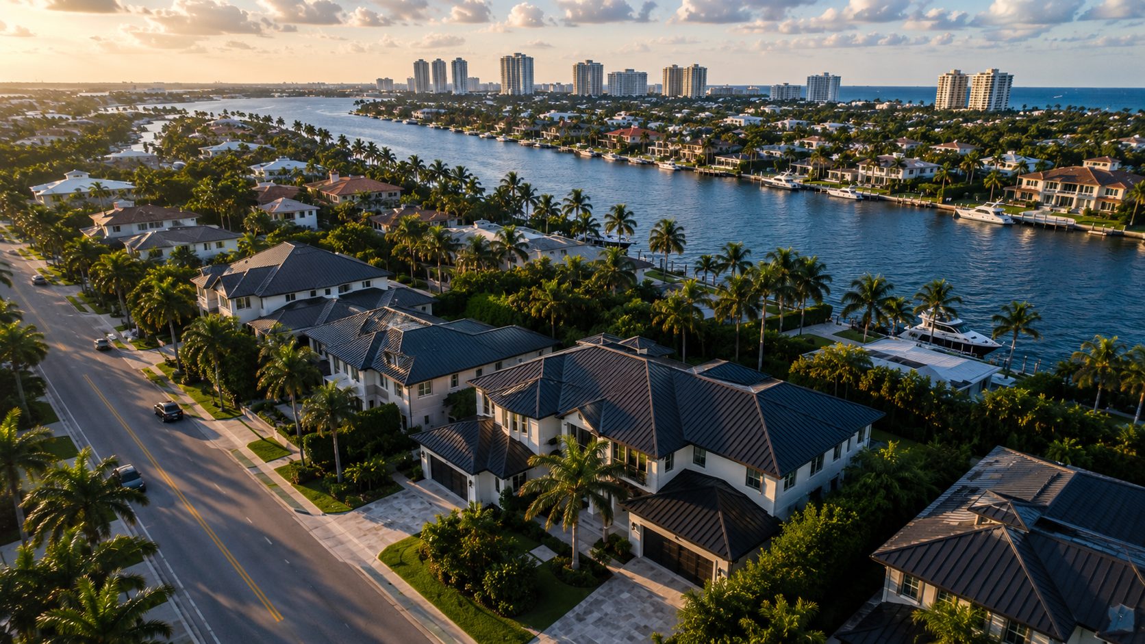 Aerial intracoastal metal roofs Palm Beach