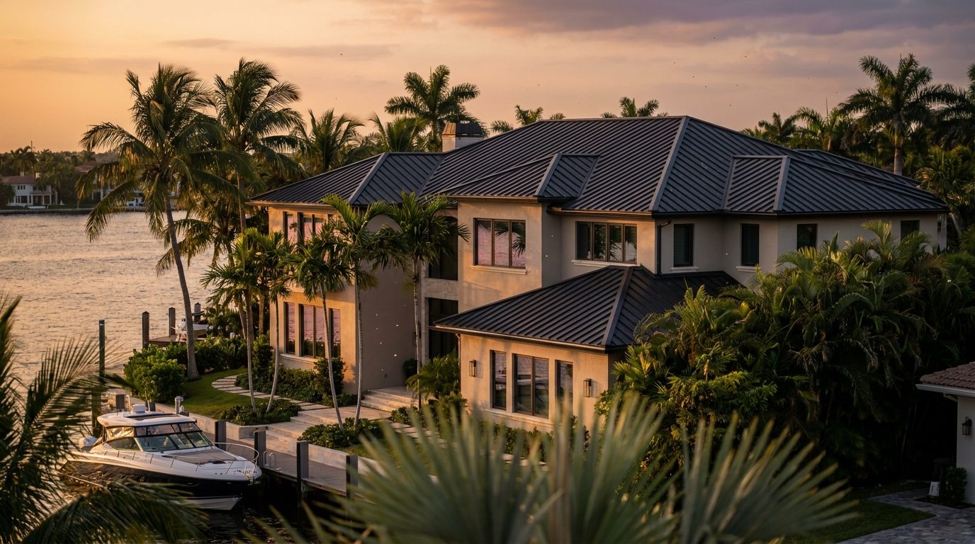 Sunset waterfront standing seam estate