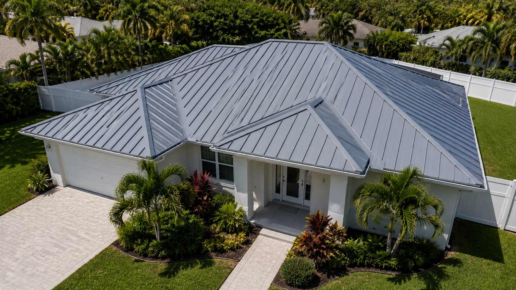 Silver standing seam metal roof on Palm Beach home