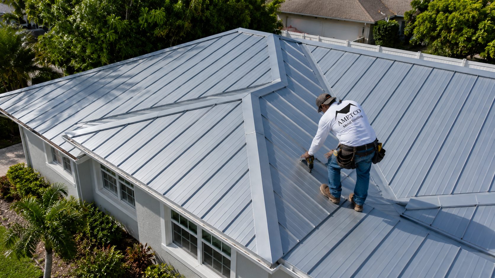 Aerial of Ametco crew installing standing seam metal roof on Palm Beach home