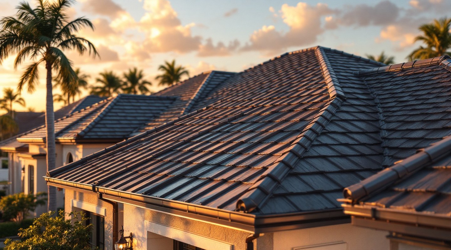 Metal tile and shake profile roof — stamped metal panels on a Mediterranean-style Palm Beach County home